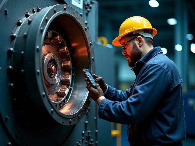 Un technicien inspectant les composants internes complexes d'une machine de forge industrielle, avec des outils spécialisés.